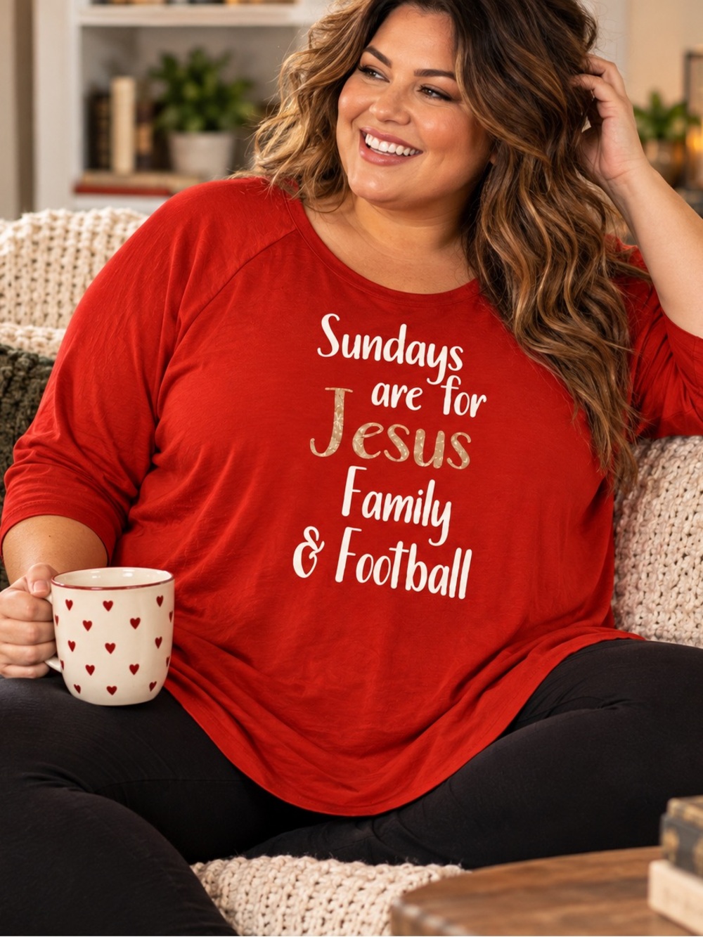 Sundays Are for Jesus Family & Football 3/4 Sleeve Graphic Top Oversized 3X